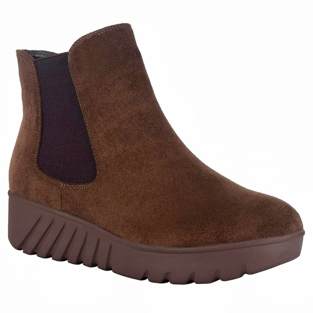 Impo Enessa Stretch Platform Wedge Bootie Faux Suede Brown Ankle Boot Size 7